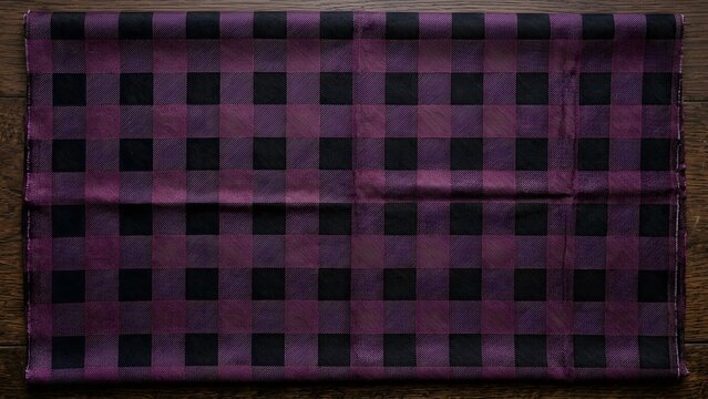Purple and black buffalo plaid pattern fabric on a rustic wooden surface