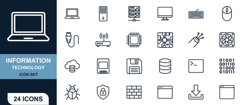 Information technology and computer hardware line icon set in black.