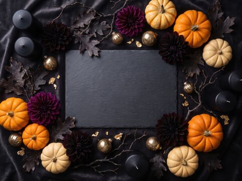 Elegant Dark Halloween Floral and Pumpkin Border with Copy Space