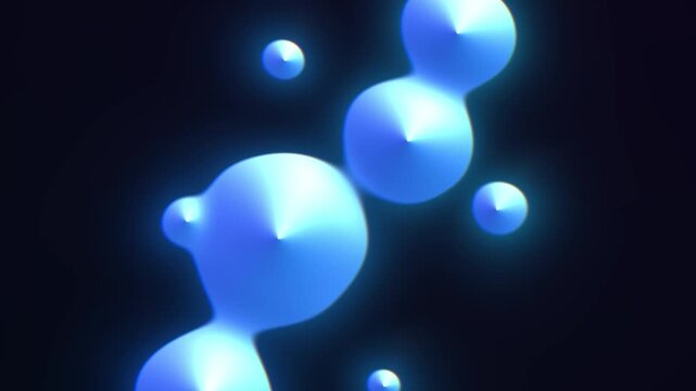 Abstract blue liquid metaballs floating in dark space. Glowing organic 3D spheres with soft neon light. Futuristic fluid motion background for tech visuals.