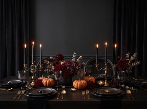 Elegant Gothic Halloween Dinner Table with Pumpkins and Candles