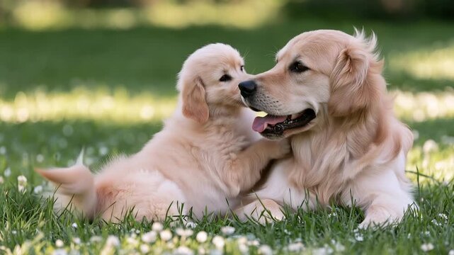 Golden retriever mother cuddling her adorable puppy together on green grass, loving family dogs relaxing outdoors in a heartwarming scene of affection, care and companionship