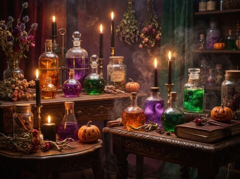 Mysterious Witch Potion Laboratory with Glowing Halloween Ingredients