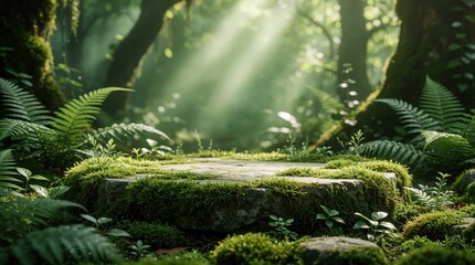Obraz premium Stone podium covered with moss sits in a lush green forest. Sunbeams stream through leaves illuminating a natural display for product promotion or advertisement.