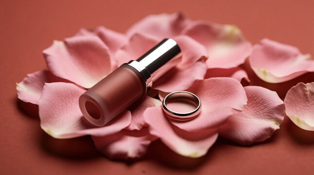 Lipstick rests on pink rose petals beside a silver wedding ring. Cosmetic product, beauty item, luxury makeup accessory. Love, romance, elegance, proposal, feminine style.