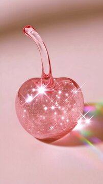 Sparkling pink glass cherry with glittering star reflections and rainbow light on a soft pastel background, dreamy luxury aesthetic with glossy crystal fruit and magical shimmer