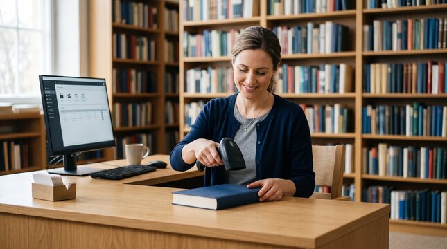 Smiling female librarian using barcode scanner on book at circulation desk, highlighting modern library checkout system