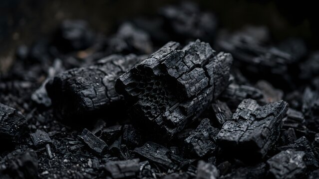 Close up view of rough textured charcoal pieces, representing concepts of heat, energy, and natural resources