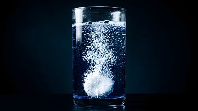 Effervescent tablet dissolving in a glass of water creating bubbles