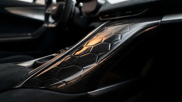 Luxurious modern car interior with hexagonal carbon fiber trim and ambient lighting