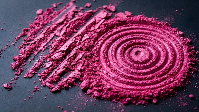 Close-up of vibrant pink crushed eyeshadow with spiral pattern and streaks on a dark background