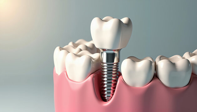 Dental implant among healthy teeth in a gum model  