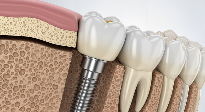 Dental implant model showing structure and placement in jawbone  