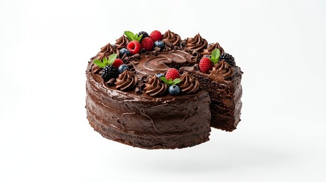 Rich moist chocolate sponge cake decorated with fresh summer berries and mint isolated on white for celebration