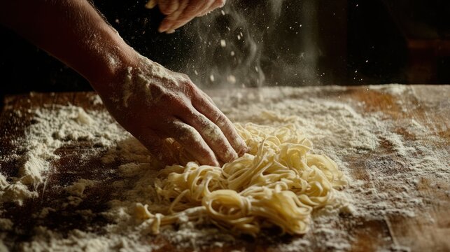 Chef hands kneading fresh pasta dough on a flour covered table.
