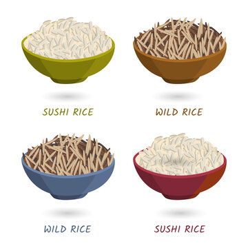Four bowls of sushi and wild rice varieties on transparent background