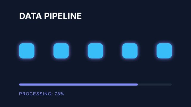 Data pipeline processing animation, four blue squares filling up a progress bar, symbolizing data loading and processing for technology and business applications.