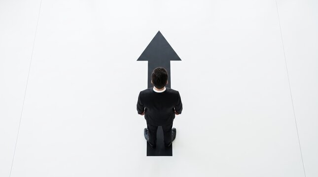 Businessman standing on large black arrow pointing forward on white floor, symbolizing direction, success, and future goals, ual top down view, career advancement path