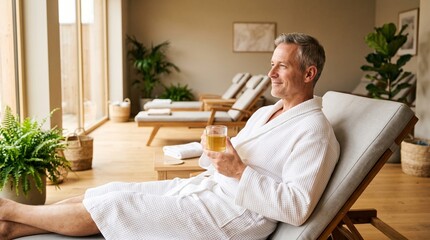 Fototapeta premium Relaxed man in white bathrobe sitting on lounge chair holding cup of herbal tea at luxury spa, conveying peaceful wellness retreat
