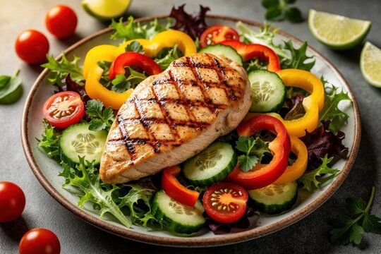 Grilled chicken breast sits on fresh salad with cucumbers bell peppers and tomatoes. Healthy meal with lean protein and fresh vegetables provides balanced diet.