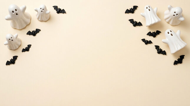 Halloween background with cute ghosts and black bats flat lay