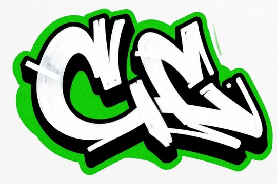 Bold graffiti letter C in wildstyle. White and black paint strokes form stylized typography. Bright green outline pops on white background. Urban art element.