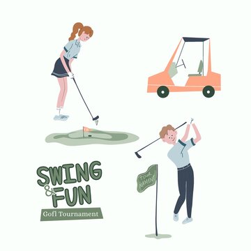 a golf tournament featuring golfers, a golf cart, putting green, golf clubs, flags, and decorative typography