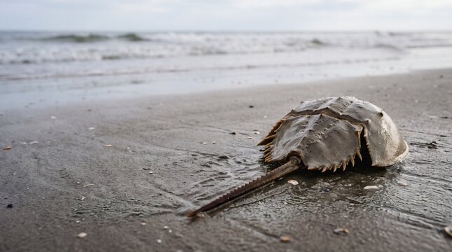 Rear perspective photo of a horseshoe crab with long telson tail extending across wet sandy beach under overcast sky.