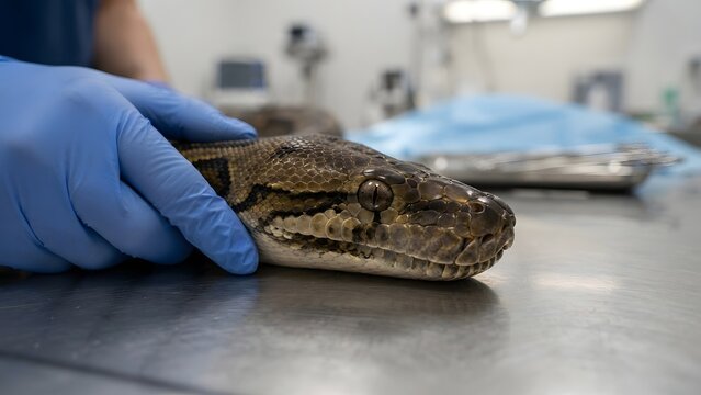 Close up of a python snake head being held by gloved hands on a medical examination table
