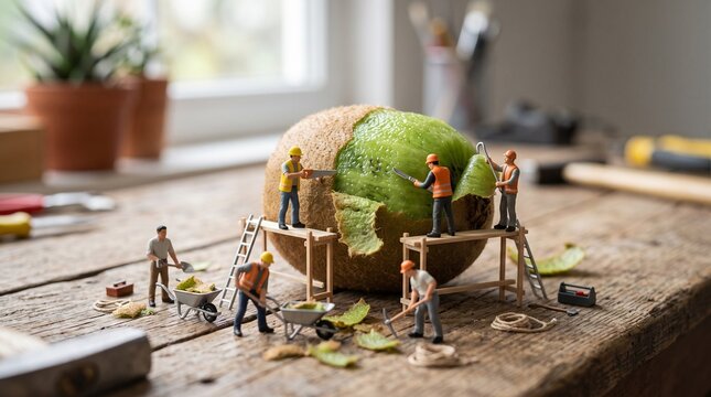 Creative conceptual scene of tiny miniature construction workers peeling giant kiwi fruit on wooden table, highlighting whimsical food art