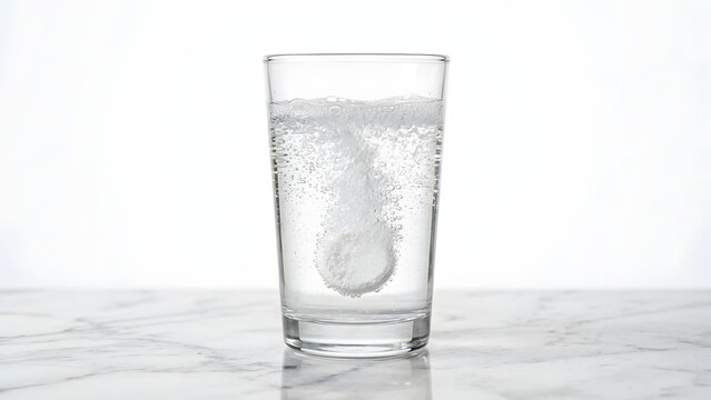 Close-up of an effervescent tablet dissolving in a clear glass of water, creating bubbles and fizz against a bright white background