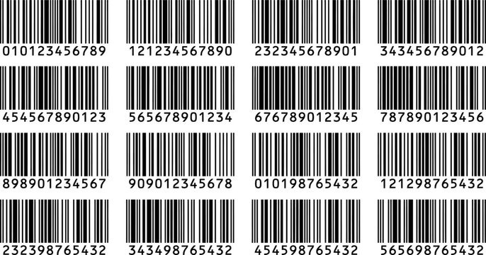 Collection of sixteen unique black and white barcode labels with numerical sequences isolated on plain white background with barcode designs