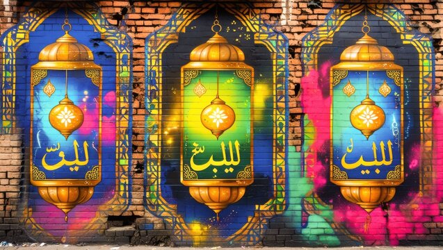 Street art graffiti on brick wall depicting three ornate Islamic arched niches with glowing brass lanterns and Arabic text