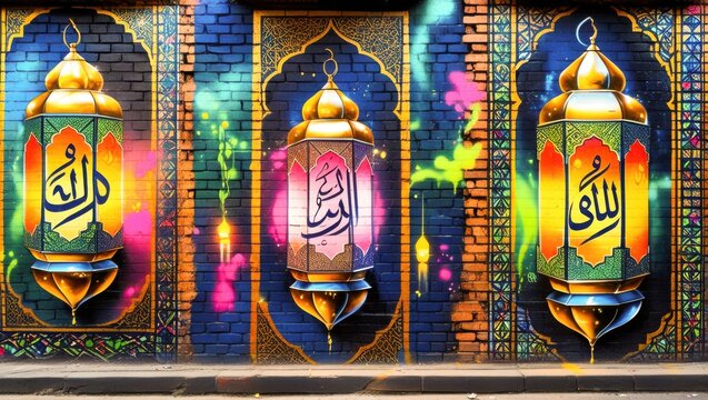 Urban street art mural featuring three Islamic arched frames with illuminated gold fanous lanterns and Arabic calligraphy on brick wall