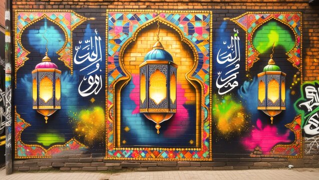 Vibrant street art graffiti on brick wall featuring three Islamic arched niches with glowing lanterns and Arabic calligraphy