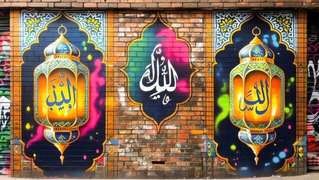 Colorful street graffiti mural of Islamic arched frames glowing lanterns and sacred Arabic calligraphy on brick wall