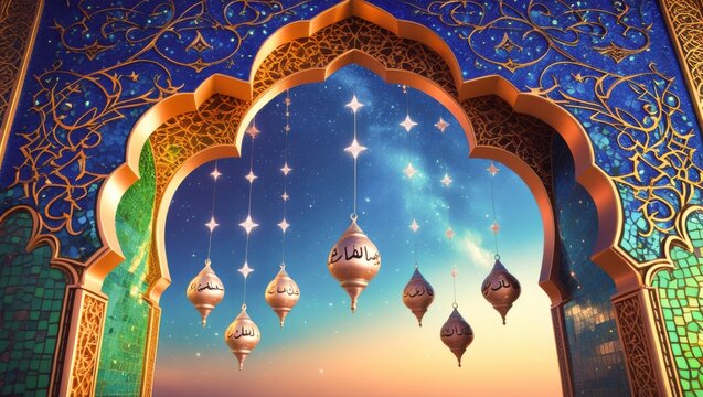 Intricate golden Moroccan archway framing twinkling stars and hanging brass lanterns at twilight