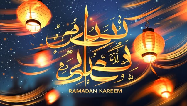 Golden Ramadan Kareem Arabic calligraphy with glowing hanging paper lanterns and dynamic light trails on starry night