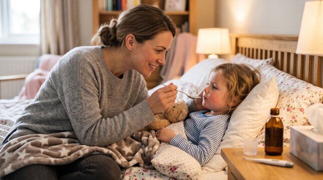Loving mother giving spoon of syrup medicine to sick daughter resting in bed, highlighting compassionate family healthcare