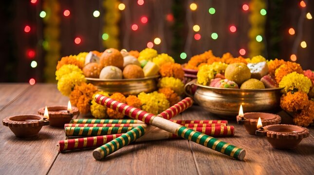 Garba dandiya sticks with diyas and bokeh lights, celebrating navratri festival with traditional indian culture and festive ambiance