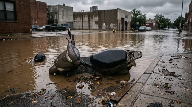 Abandoned motor scooter submerged in muddy floodwater on flooded city street, depicting severe urban flash flood disaster
