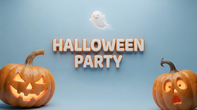 Halloween pumpkins with ghost for spooky party banner illustration