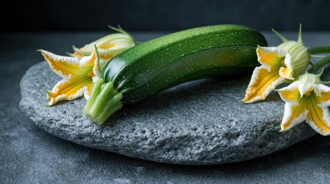 Fresh green zucchini with bright yellow squash flowers on grey stone plate. Organic raw courgette vegetable lies on rock surface. Healthy summer garden crop ingredient for vegetarian cooking. Whole