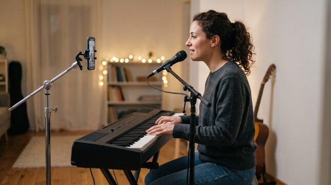 Female musician singing into microphone while playing digital piano recorded on smartphone, representing online content creation
