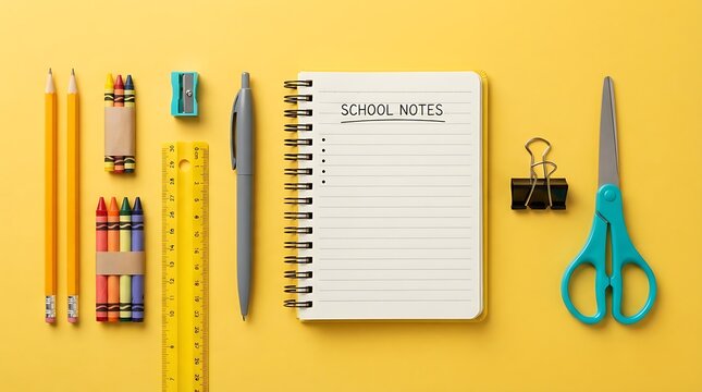 Flat lay of school supplies and spiral notebook with School Notes text arranged on a vibrant yellow background surface