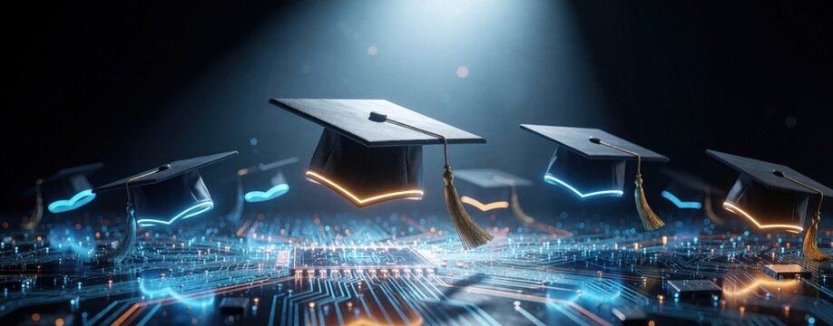 Mortarboards float above glowing circuit board. Digital education graduation caps symbolize academic achievement and future career. Future learning in tech.