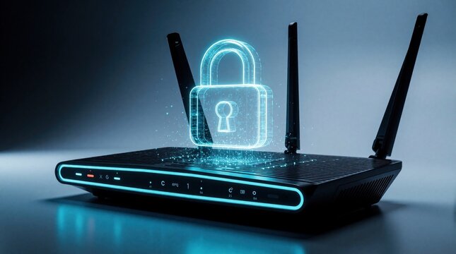 Modern wifi router displays glowing padlock symbol. Secure internet connection concept, digital safety and data protection. Network equipment provides online access assurance and privacy.