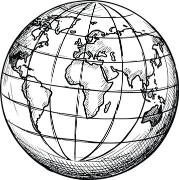 Hand drawn sketch of the planet earth globe with latitude and longitude lines