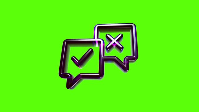 Shiny 3d speech bubbles with check mark and cross symbol for survey or feedback choice on neon screen