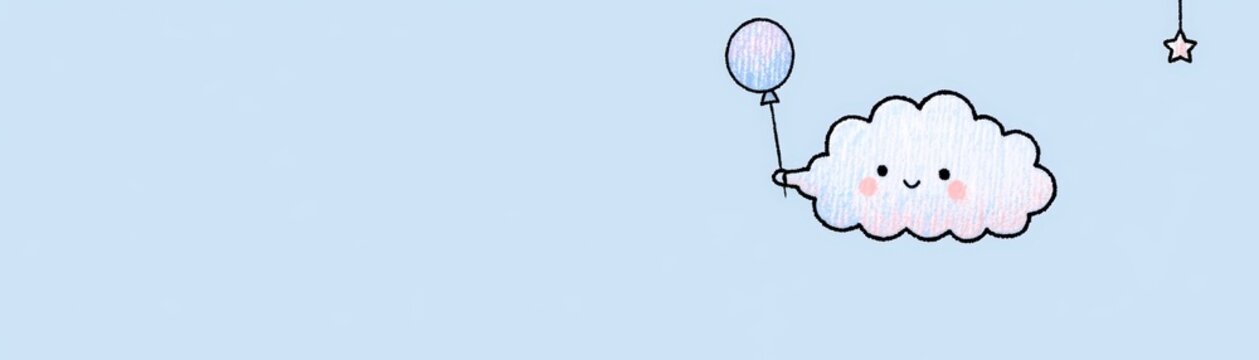 A cute, smiling cloud holds a balloon with a star string hanging nearby on a light blue background, kid celebration banner